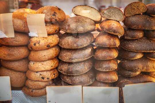 Assortment of fresh Latvian rye bread, known as 'Rupjmaize', on display at a Riga market. Bread, especially rye, is a tradition of the latvian cuisine.