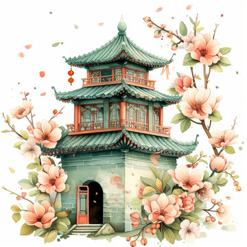 recommend clip art: Cute watercolor pagoda house on white background.