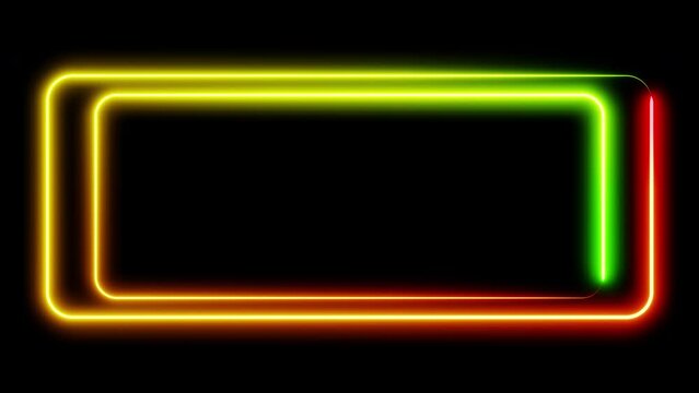Random double neon frame green and red lights motion loops square on black background 3d render. Neon speech bubble overlay. Text box design element. Seamless edging glow neon rectangle