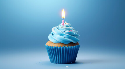 Sky Blue Serenade: Cupcake Celebration with Candle Glow, Generative AI - obrazy, fototapety, plakaty