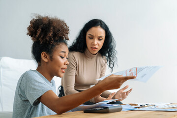Stressed African American women has financial problems with credit card debt to pay crucial show concept of bad personal money and mortgage pay management crisis. - obrazy, fototapety, plakaty