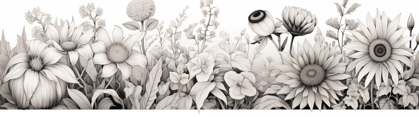 Floral Panorama: Graphite Garden of Sunflowers and Blooms