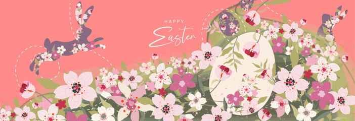 Happy Easter greeting card with easter rabbit, eggs, roses, leaves, floral bouquets, spring flowers compositions. Trendy posters, web banners or covers for Happy Easter. Background with pastel colors