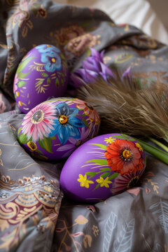 Colorful hand painted Easter eggs on retro fabric. The concept of Easter holidays, retro, handcraft, as it used to be.