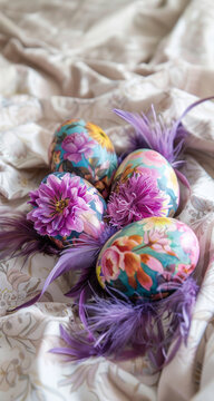 Colorful hand painted Easter eggs on retro fabric. The concept of Easter holidays, retro, handcraft, as it used to be.