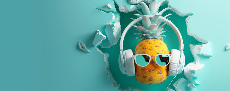 Summer fruit composition, pineapple with headphones and sunglasses on a pastel turquoise background. Party, fresh summer fruits, music, summer vibes.