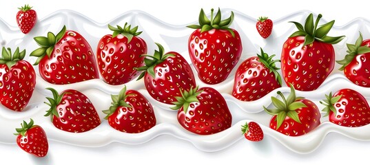 Levitation of milk or yogurt splash with falling strawberries isolated on white background