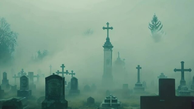 an old cemetery filled with fog