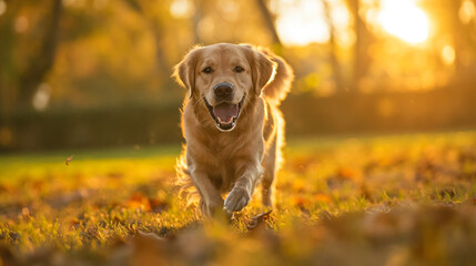 A happy Golden Retriever running towards the camera in a sunlit park.
