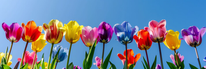 Floral spring wallpaper with colorful tulips and a clear blue sunny sky in the background. The concept of spring, nature, beauty. - obrazy, fototapety, plakaty