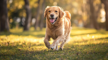 A happy Golden Retriever running towards the camera in a sunlit park.
