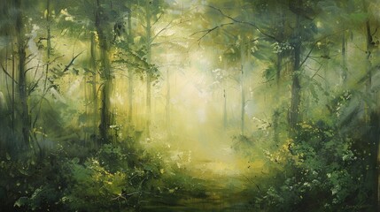 soothing landscape with shades of green, evoking the calmness of a lush forest bathed in soft sunlight.
