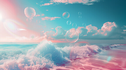 Surreal summer scene with turquoise sea water and rainbow bubbles. Clear blue sky, summer, swimming, travel, fun.