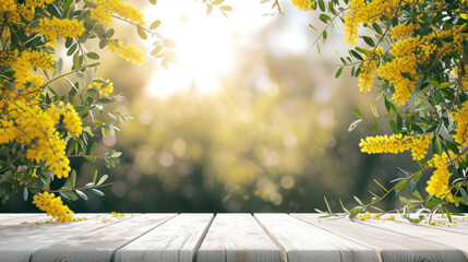 Spring summer soft background with flowers and wooden table for product presentation