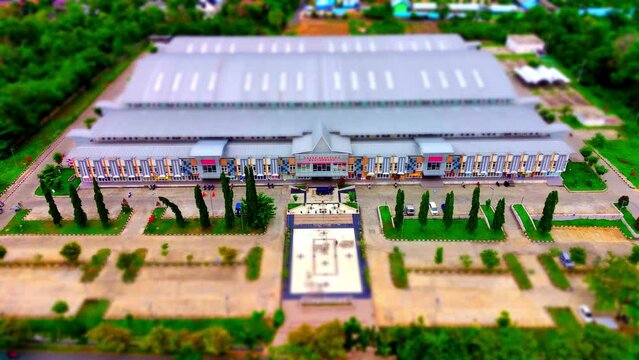 Miniature of market building, video taken from aerial and edit with tilt-shift effect