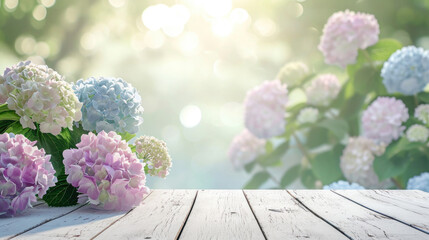 Spring summer soft background with flowers and wooden table for product presentation - obrazy, fototapety, plakaty