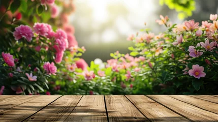 Fotobehang Spring summer soft background with flowers and wooden table for product presentation © stock_acc