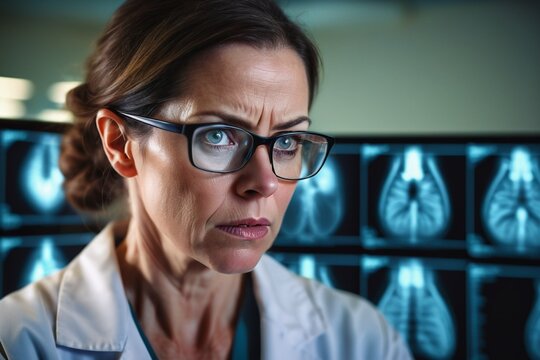 radiologist reviews medical imaging results with a concerned look on her face, women in medicine, 