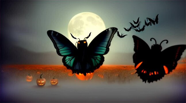 Halloween Pumpkin Background with Scary Faces, Lanterns, black butterflies and Autumn Vibes