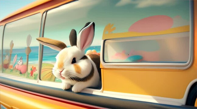 Easter bunny in a vintage decker bus traveling through a nature road, a symbol of the holiday.