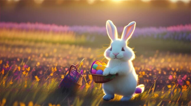 Easter Bunny Surrounded by Eggs in a Spring Field