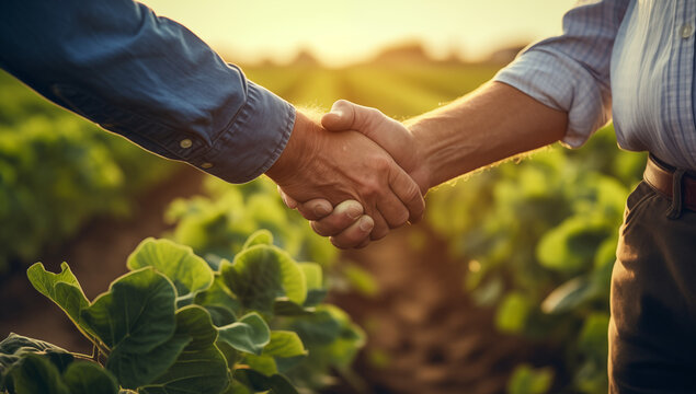 Two farmers in soy field making agreement with handshake.