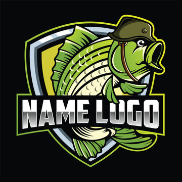 Stripped Bass Logo. Stripped Bass Mascot Logo. Vector of Large mouth Bass Fish. Fishing Logo Design Template Illustration. Sport Fishing Logo
