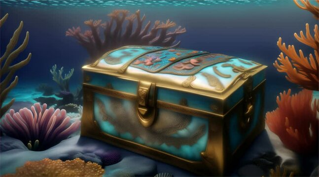 Pirate chest, an ancient treasure box with money hidden under the deep sea with coral.