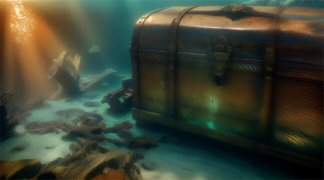 Pirate chest, an ancient treasure box with money hidden under the deep sea.