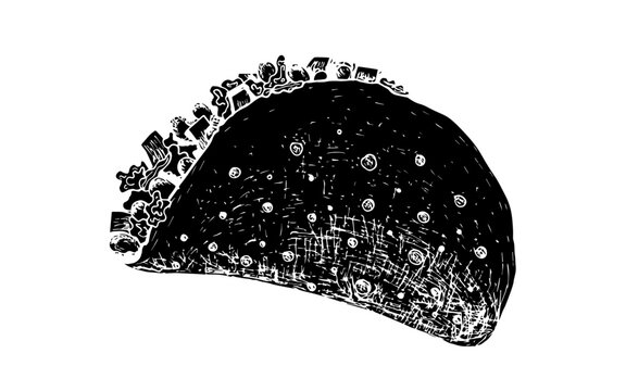 recommend clip art: Black isolated vector textured linocut Mexican taco symbol. Detailed sketch block print tacos illustration for fast food restaurant or cafe menu, advertisement, banner, web design