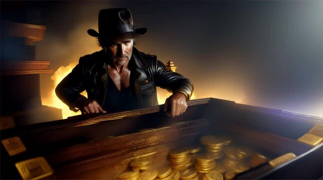 Pirate with ancient wooden treasure chest full of gold coins