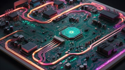 An intricate circuit board with vibrant, light-emitting pathways