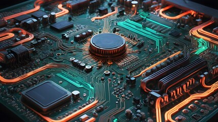 An intricate circuit board with vibrant, light-emitting pathways