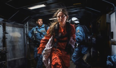 A woman firefighter leads a team of expert firefighters in handling dangerous fire situations, demonstrating leadership, courage, and effective coordination to ensure the safety and successful