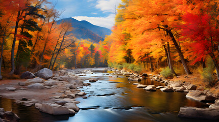 Serene Twilight Amidst Autumn Foliage: Leaves, Stream and Mountainous Backdrop Depicting a Resplendent Fall Landscape