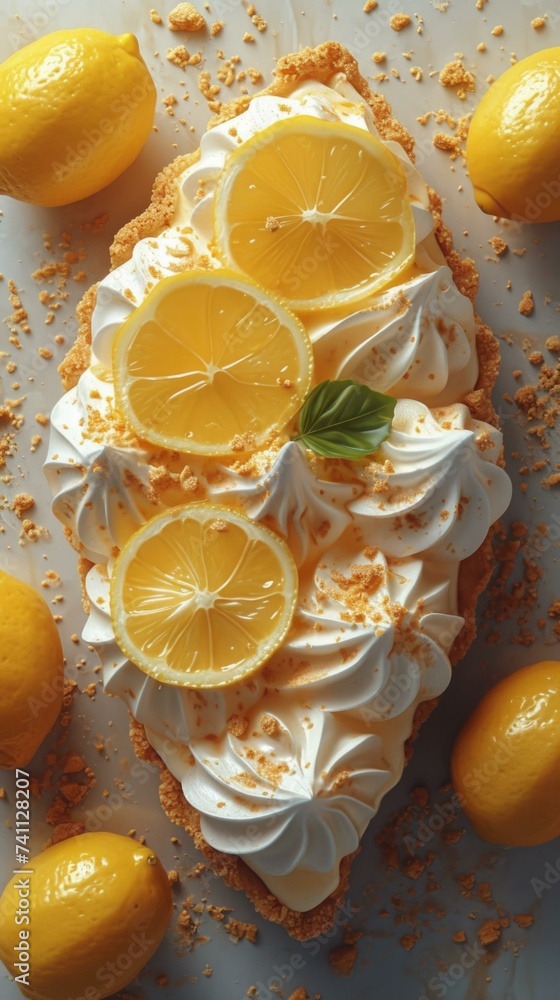 Poster a lemon pie with whipped cream and lemon slices. generative ai.