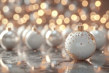 White christmas balls with gold glitter on the surface. Generative AI.