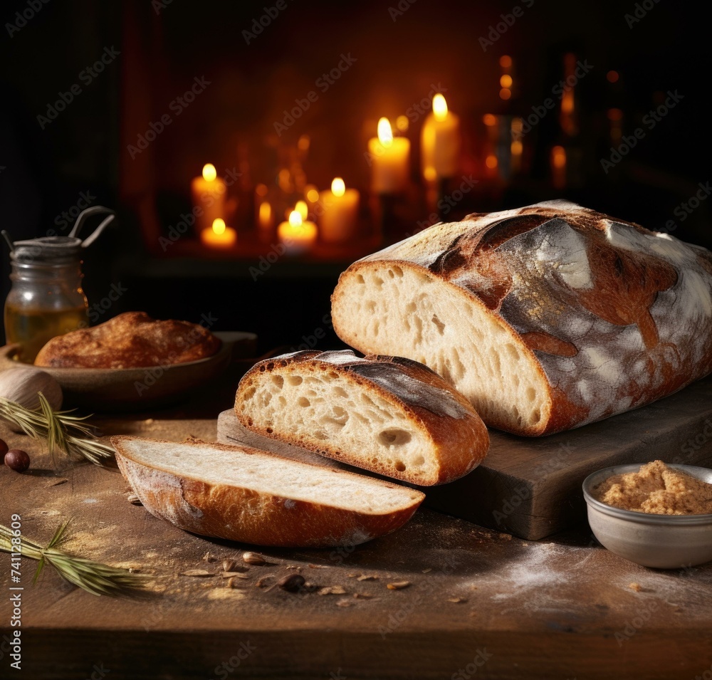 Poster bread and butter on a table with candles. generative ai.