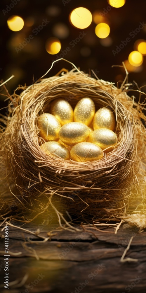 Poster golden eggs in nest on wooden table with bokeh lights. generative ai.