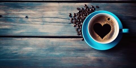 Coffee cup with heart shape on wooden background. Generative AI.