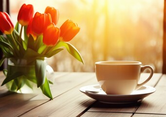 Fototapeta na wymiar A cup of coffee and tulips on a wooden table with sunlight. Generative AI.