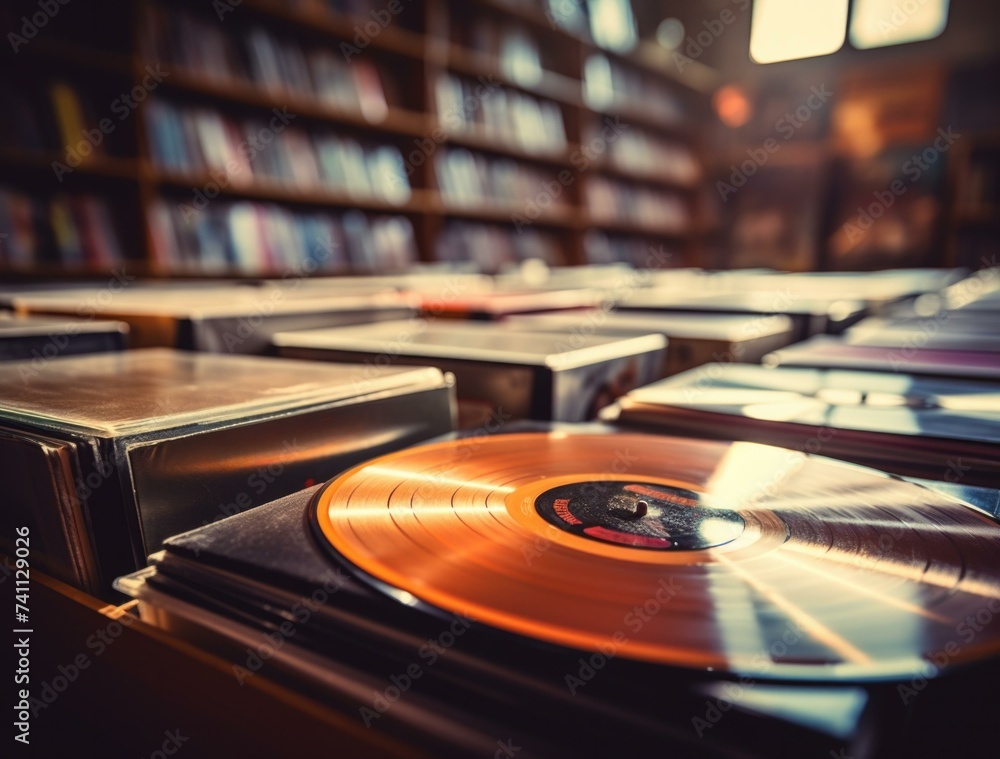Poster a stack of vinyl records on a table in front of a bookshelf. generative ai.