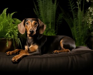 A dachshund dog is sitting on a bed with plants. Generative AI.
