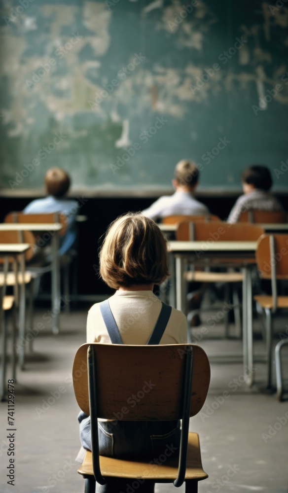 Poster a child sitting in a classroom with a chalkboard. generative ai.