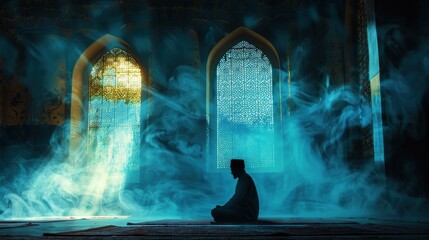 Silhouette of muslim man worshiping and praying for fasting and Islamic Eid in old mosque with lighting and smoke background - Eid Ul Fitr - generative ai - obrazy, fototapety, plakaty