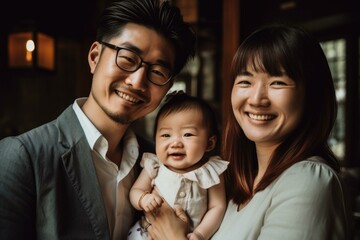 A young asian couple and their baby. Generative AI.