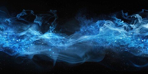 Shiny smoke. Glitter fluid. Ink water. Magic mist. Blue color particles texture paint vapor storm wave - obrazy, fototapety, plakaty