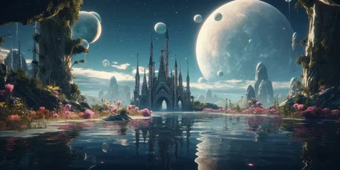 Foto op Plexiglas fantastical landscape featuring a gothic castle surrounded by water with blooming flowers, mountains and large planets in the sky © toomi123