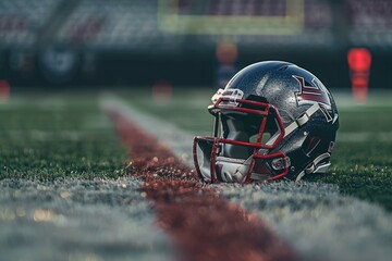 American football helmet on the stadium field. Background with selective focus and copy space