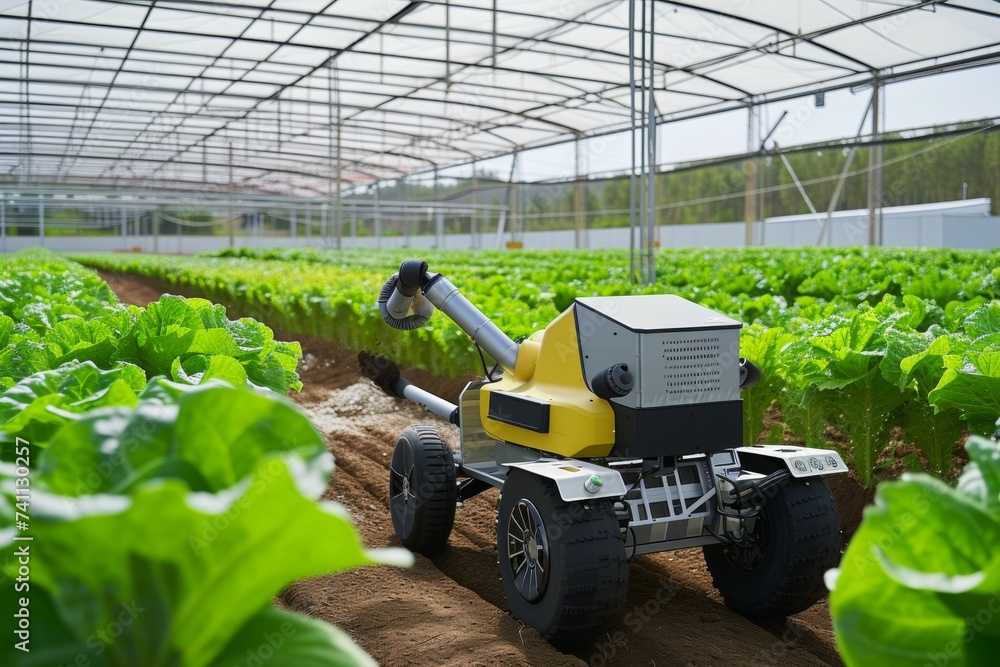 Aufkleber modern greenhouse with robots. background with selective focus and copy space
